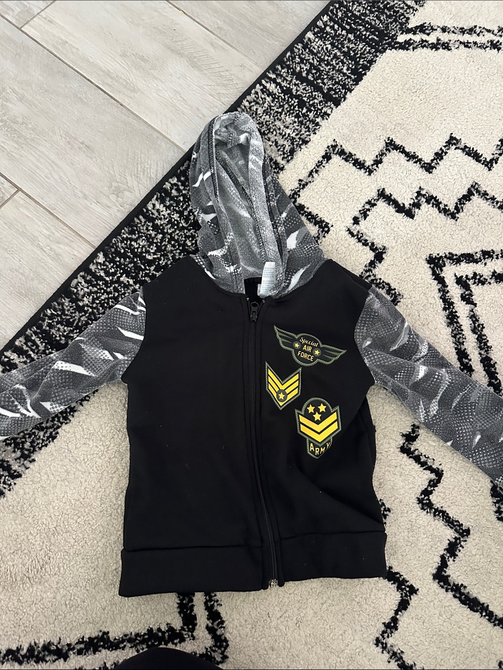 Kids' Black Zip Hoodie with Gray Camo Hood & Sleeves